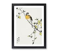 Meadow Bunting Bird & Yellow Flowers By Numata Kashu Asian Japanese Framed Print | A4 Black Framed Wall Art | Ready to Hang | Asian Floral Picture | Living Room Bedroom Lounge Office
