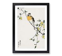 Meadow Bunting Bird & Yellow Flowers by Numata Kashu Framed Print | A2 Black Framed Wall Art | Ready to Hang | Modern Floral Picture | Living Room Bedroom Lounge Office