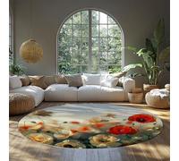 Meadow Floral Round Large Area Rug Washable Neutral Cozy Cottage Farmhouse Style Fall Bathroom Rugs Soft Thin Indoor Floor No Slip Carpet for Bedroom Under Dining Table Home Office Decor 160cm