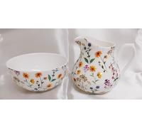 Meadow Flowers Cream/Milk Jug and Sugar Bowl Fine Bone China Bright Flowers Floral Matching Set Hand Decorated in UK