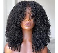 Meadow hair Full 200 Density Afro Kinky Curly Human Hair Wig With Bang Brazilian Virgin Afro Coily Wigs Bangs For Black Women Machine Scalp Top Wig Glueless 16inch