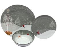 Meadow Lane Melange Christmas Dinnerware Set, 12 Piece Melamine Holiday Dish Set with Santa Design, Includes 4 Dinner Plates, 4 Salad Plates & 4 Bowls - Winter Scene “Santa Comes Home” Collection