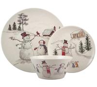 Meadow Lane Melange Snowman Dinnerware Set, 12 Piece Melamine Holiday Dish Set with 4 Dinner Plates, 4 Salad Plates & 4 Soup Bowls - Christmas Winter Snowman Dinnerware Collection