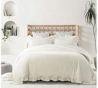 meadow park 100% Stone Washed Linen Duvet Cover Set 3 Pieces, King Size 104 inches x 92 inches, Shams 20 inches x 36 inches, Ruffled Style, Button Closure, Corner Ties, Super Soft, Beige Color