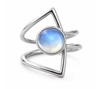 Meadows 8mm Round Shape Natural Rainbow Moonstone Sterling Silver Handmade Adjustable Geometric Ring (9, Rose Quartz)