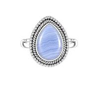 Meadows 925 Sterling Silver Blue Lace Agate Ring for Women Vintage Teardrop Gemstone Statement Ring Boho Rope Border Pear Shaped Patterned Stone Ring R-31AR_R