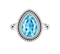 Meadows 925 Sterling Silver Blue Topaz Ring for Women Vintage Teardrop Gemstone Statement Ring Boho Rope Border Pear Shaped Patterned Stone Ring R-31ABC_L