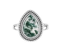 Meadows 925 Sterling Silver Forest Moss Agate Ring for Women Vintage Teardrop Gemstone Statement Ring Boho Rope Border Pear Shaped Patterned Stone Ring R-31AM_U 1/2