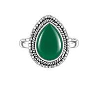 Meadows 925 Sterling Silver Green Onyx Ring for Women Vintage Teardrop Gemstone Statement Ring Boho Rope Border Pear Shaped Patterned Stone Ring R-31AS_V