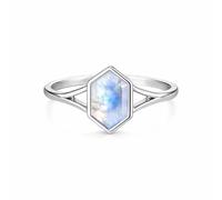 Meadows 925 Sterling Silver Hexagon Rainbow Moonstone Ring for Women | Blue Fire Natural Gemstone | Handmade Minimal Statement Ring | Gift for Her | Adjustable Silver Ring (6, Rainbow Moonstone)