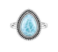 Meadows 925 Sterling Silver Larimar Ring for Women Vintage Teardrop Gemstone Statement Ring Boho Rope Border Pear Shaped Patterned Stone Ring R-31AAQ_S 1/2