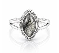 Meadows 925 Sterling Silver Marquise for Women Black Rutile Gemstone Solitaire Ring Minimalist Bezel Set Handmade Jewelry R-09AI_V