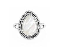 Meadows 925 Sterling Silver Mother Of Pearl Ring for Women Vintage Teardrop Gemstone Statement Ring Boho Rope Border Pear Shaped Patterned Stone Ring R-31AO_R