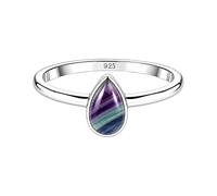 Meadows 925 Sterling Silver Multi Flourite Teardrop Ring for Women Genuine Pear Shaped Gemstone Solitaire Statement Ring Boho Jewelry Gift R-1919AAJ_U