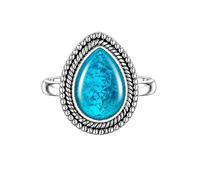 Meadows 925 Sterling Silver Neon Apatite Ring for Women Vintage Teardrop Gemstone Statement Ring Boho Rope Border Pear Shaped Patterned Stone Ring R-31AU_O