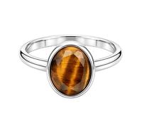 Meadows 925 Sterling Silver Oval for Women Tiger Eye Gemstone Solitaire Ring Minimalist Bezel Set Handmade Jewelry R-04AM_Q