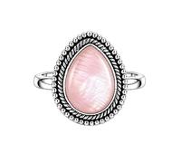 Meadows 925 Sterling Silver Pink Mother Of Pearl Ring for Women Vintage Teardrop Gemstone Statement Ring Boho Rope Border Pear Shaped Patterned Stone Ring R-31AAJ_P