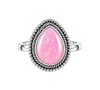 Meadows 925 Sterling Silver Pink Opal Ring for Women Vintage Teardrop Gemstone Statement Ring Boho Rope Border Pear Shaped Patterned Stone Ring R-31AAD_Z 1/2