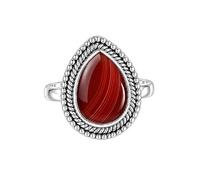 Meadows 925 Sterling Silver Red Banded Onyx Ring for Women Vintage Teardrop Gemstone Statement Ring Boho Rope Border Pear Shaped Patterned Stone Ring R-31AH_U