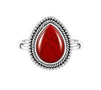 Meadows 925 Sterling Silver Red Jasper Ring for Women Vintage Teardrop Gemstone Statement Ring Boho Rope Border Pear Shaped Patterned Stone Ring R-31AAB_Q 1/2