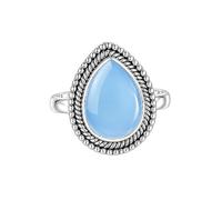 Meadows 925 Sterling Silver Sky Blue Chacedony Ring for Women Vintage Teardrop Gemstone Statement Ring Boho Rope Border Pear Shaped Patterned Stone Ring R-31AF_J 1/2