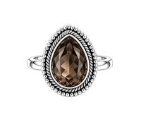 Meadows 925 Sterling Silver Smoky Quartz Ring for Women Vintage Teardrop Gemstone Statement Ring Boho Rope Border Pear Shaped Patterned Stone Ring R-31AAT_Z