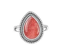 Meadows 925 Sterling Silver Strawarry Quartz Ring for Women Vintage Teardrop Gemstone Statement Ring Boho Rope Border Pear Shaped Patterned Stone Ring R-31AI_V