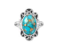 Meadows Ring in 925 Sterling Silver Oval Blue Copper Turquoise Gemstone Statement Ring for Women Filigree Solitaire Design Boho Jewelry Gift R-15AN_U 1/2