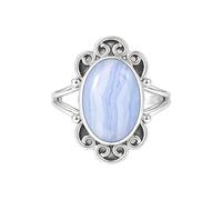 Meadows Ring in 925 Sterling Silver Oval Blue Lace Agate Gemstone Statement Ring for Women Filigree Solitaire Design Boho Jewelry Gift R-15AL_Z+1