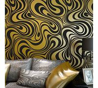 MEAIHOME Modern Abstract 3D Curve Non-Woven Wllapaper (Black&Gold) | Flocking Striped for Wallpaper Roll 0.7m(2.29' W) x 8.4m(27.56' L)=5.88㎡(63.11 sq.ft)