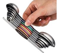 Meal Prep - Magnetic Measuring Spoons Set of 7, Dual Sided Stainless Steel Stackable Teaspoon Tablespoon with Colorful Scale and Leveler.