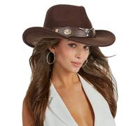 Mealah Wide-Brim-Western-Cowboy-Hat for Womens Felt-Cowgirl-Fedora-Jazz-Hat with Bull Band(Size:M), Coffee, M