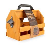 Mealivos Wooden Bottle Caddy, 6-Pack Beer Carrier with Built-In Metal Bottle Opener, Beer Buckets for 6 Beers