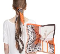 MEANBEAUTY Square Silk Like Head Scarf for Women Satin Bandana Head Scarves Neck Scarfs 27.5 Inch(Orange pattern stitching)
