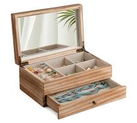 Meangood Jewelry Box Organizer for Women, 2 Layer Large Jewelry Storage Case, Rustic Wooden Jewelry Box with Mirror & Ring Tray for Necklace Earring Bracelets Rings, Vintage Style (Torched Wood)