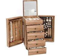 Meangood Jewelry Box Wood for Wowen, 5-Layer Large Organizer Box with Mirror & 4 Drawers for Rings, Earrings, Necklaces, Vintage Style Torched Wood