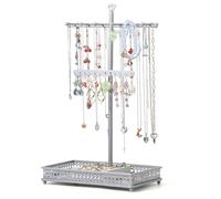 Meangood Jewelry Tree Stand Organizer 3in1 Necklace Organizer Display Bracelet Earrings and Ring Tray Jewelry Holder Hanger Meta, Silver