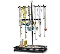 Meangood Jewelry Tree Stand Organizer 3in1 Necklace Organizer Display Bracelet Earrings and Ring Tray Jewelry Holder Hanger Metal（Black）