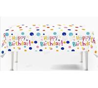 Meanju Colorful Happy Birthday Tablecloth, 220 x 130 cm Polka Dot Tablecloth for Kitchens, Dining Tables, Birthday Decoration, Christening and Party Decorations