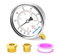 MEANLIN MEASURE -30inHg~60Psi Liquid Filled Pressure Gauge,Stainless Steel 1/4" BSP 4" FACE DIAL,WOG Water Oil Air Lower Mount, with 1/2" BSP and 3/8" BSP Hex Bushing