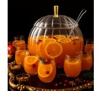 Meanplan 1.3 Gallon Thanksgiving Plastic Punch Bowl Set with 6 Clear Plastic Cups and 1 Ladle Pumpkin Shaped Punch Bowl Fall Harvest Kitchen Decoration for Fall Autumn Party Supplies