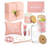 Meanplan 14 Pcs Bridesmaid Proposal Gifts Set, Will You Be My Bridesmaid Gifts with Proposal Box Glass Cup Makeup Bag Cards Lip Balm Hand Cream Candle Scrunchie Bracelet Diamond Pen for Wedding(Pink)