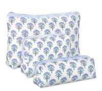 Meanplan 3 Pcs Block Print Quilted Makeup Bag for Women Quilted Cosmetic Bag Last Toast on The Coast Bachelorette Party Favors Cornflower Coquette Floral Toiletry Pouch Travel Organizer, blue, white