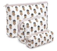 Meanplan 3 Pcs Block Print Quilted Makeup Bag for Women Quilted Cosmetic Bag Last Toast on The Coast Bachelorette Party Favors Cornflower Coquette Floral Toiletry Pouch Travel Organizer, rose red