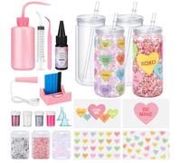 Meanplan 4 Pack Valentine's Day DIY Snow Globe Tumbler Supplies Kits, Candy Colors Love Heart UV DTF Cup Wraps 16oz Double Wall Can 7 Colors Glitter Squeeze Bottle Scraper UV Resin Flashlight Funnel