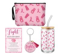 Meanplan 4 Pcs Breast Cancer Survivor Gifts for Woman Pink Breast Cancer Awareness Accessories Glass Cup with Makeup Bag Keychain Pink Fight Ribbon Boxing Glove Bracelet for Women, pink, Pattern