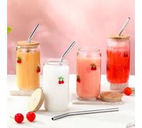 Meanplan 4 Pcs Icon Juice Glass Tumblers - 17 oz Strawberry Icon Glass Cups with Lid, Straw and Cleaning Brush, Tea Beer Coffee Soda Glassware for Halloween Thanksgiving Christmas Party Gifts