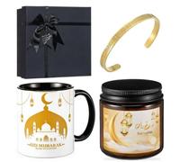 Meanplan 4 Pcs Islamic Ramadan Eid Gifts Mubarak Mug Ramadan Scented Candles Allah Gold Bangles Bracelets Jewelry Gift for Muslim Men and Women Eid Holidays New Year Gifts, Ceramic