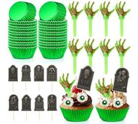 Meanplan 48 Pcs Spooky Halloween Cake Decorations Kit Tombstone Graveyard Grabbing Hands Halloween Green Cupcake Liners Haunted Party Supplies for Cake Cookie Cupcake Scary Treats
