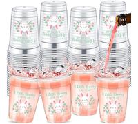 Meanplan 50 Pcs 12oz Easter Baby Shower Party Plastic Cups A Little Bunny Is on the Way Disposable Clear Cups for Easter Baby Shower Gender Reveal Supplies Decorations(Pink Green)